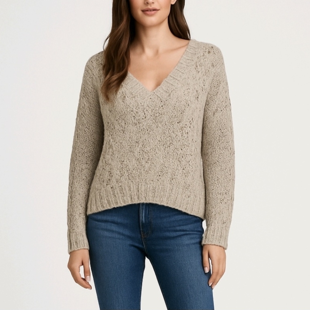 Mason Sweater Ivory Marled Wool Chunky Cable V Neck Loose Fit Long Sleeve Size S